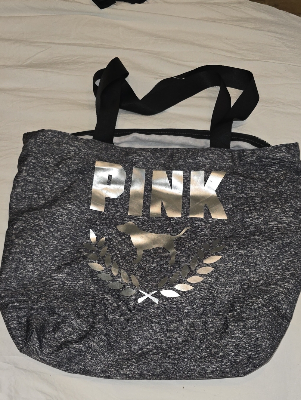 PINK Victoria's Secret Charcoal Gray Tote with Silver Logo